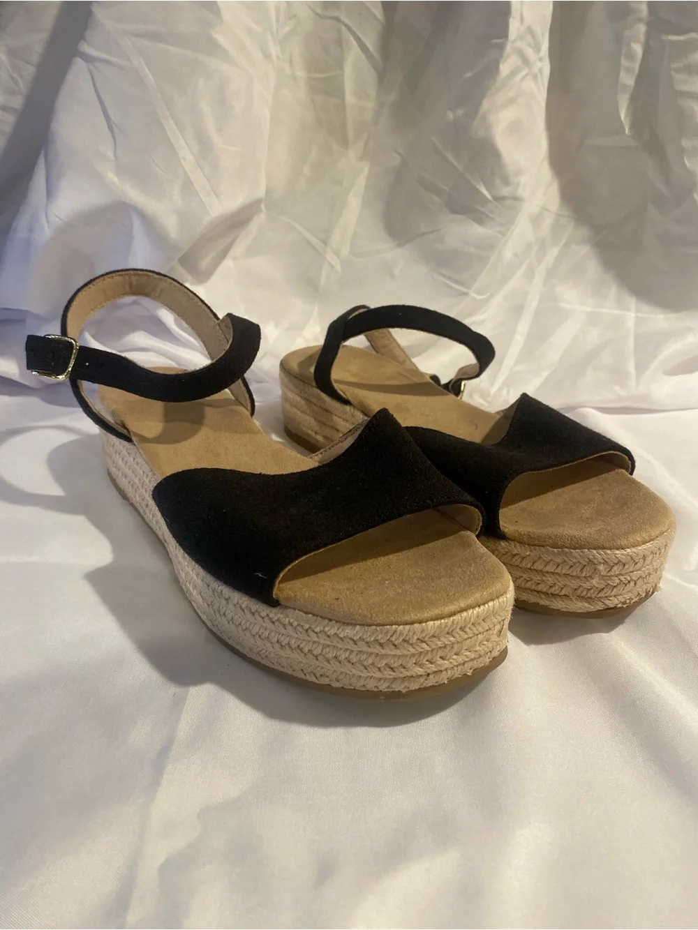 Old Navy Women’s Black Linen Espadrille Wedge Sandals Ankle Strap Buckle 10